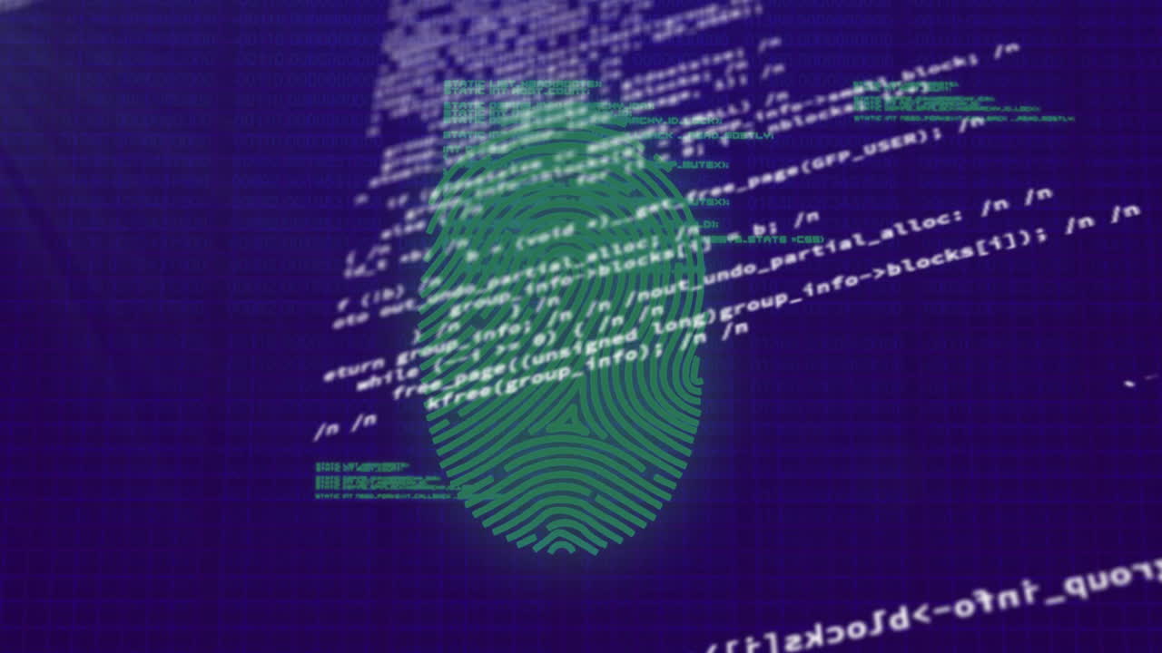 Fingerprint animation over computer code background