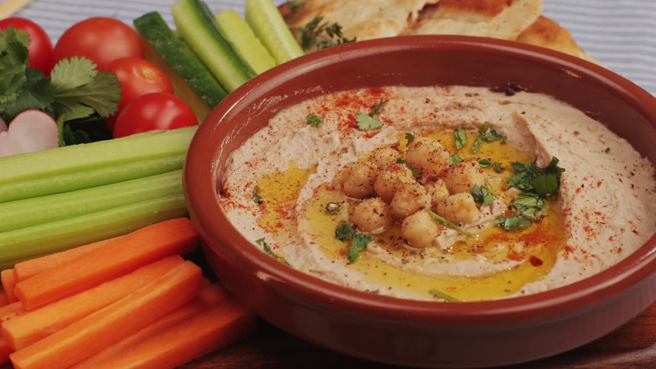 Hummus among fresh vegetables on table close-up. Hummus garnished with chickpeas, olive oil, spices and greens. Hummus or fava, a hearty snack of legumes. Kosher healthy vegan food. Lean, vegetarian dish