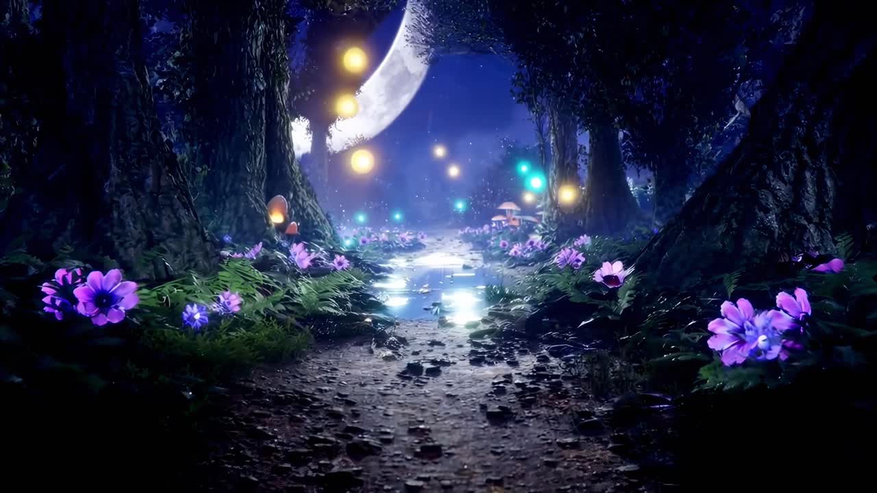 Incantevole scena video di una foresta con luci scintillanti, visuale dal basso e fiori vivaci, Live desktop