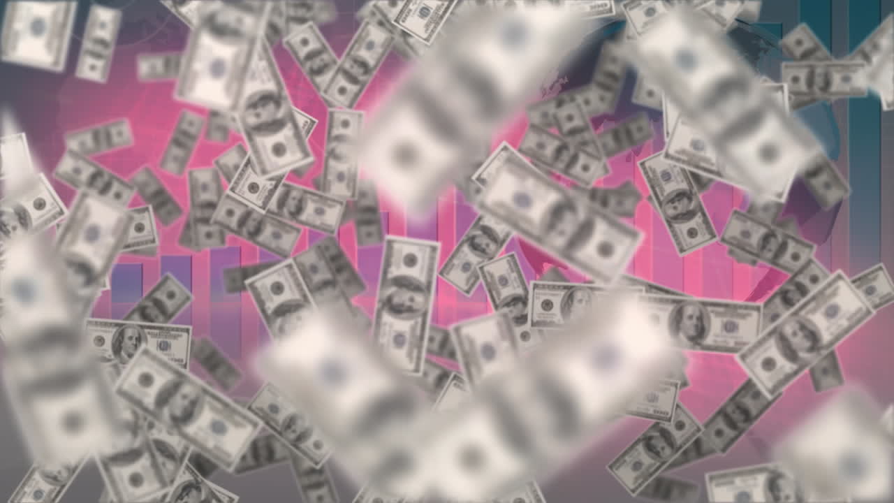 분홍색 배경에 그래프 위에 상승하는 달러 지폐의 애니메이션