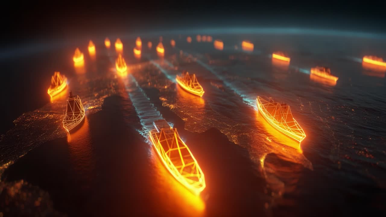 Illuminated Vessel Navigation: A Dramatic Visualization of Ships Maneuvering Through Waters with Digital Connectivity and Advanced Technology Depicted in a Stunning 3D Environment