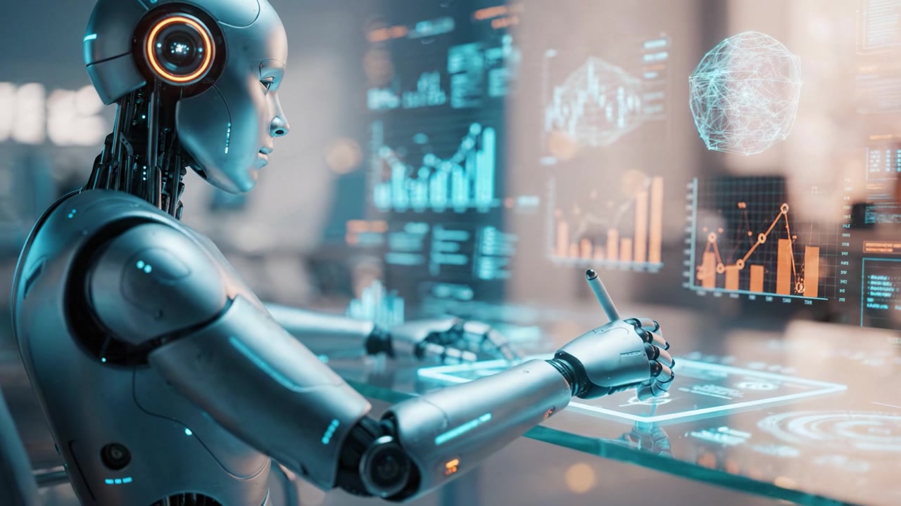 Futuristic Robot Analyzing Data on a Transparent Screen with Interactive Graphics Displaying Information Metrics in a High-Tech Environment