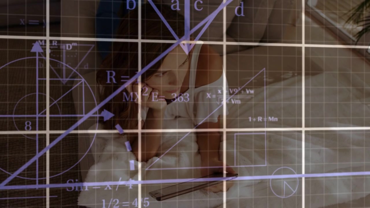 Woman propping head on bed, holding tablet, tablet activating animated learning grids crossing her