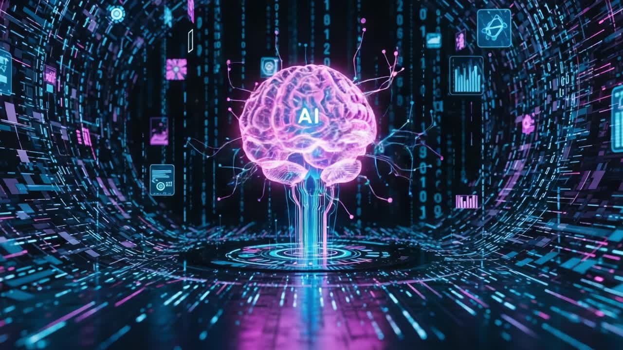 A Stunning Visualization of Artificial Intelligence Represented as a Neon Brain Surrounded by Data Streams and Digital Symbols in a Futuristic Environment
