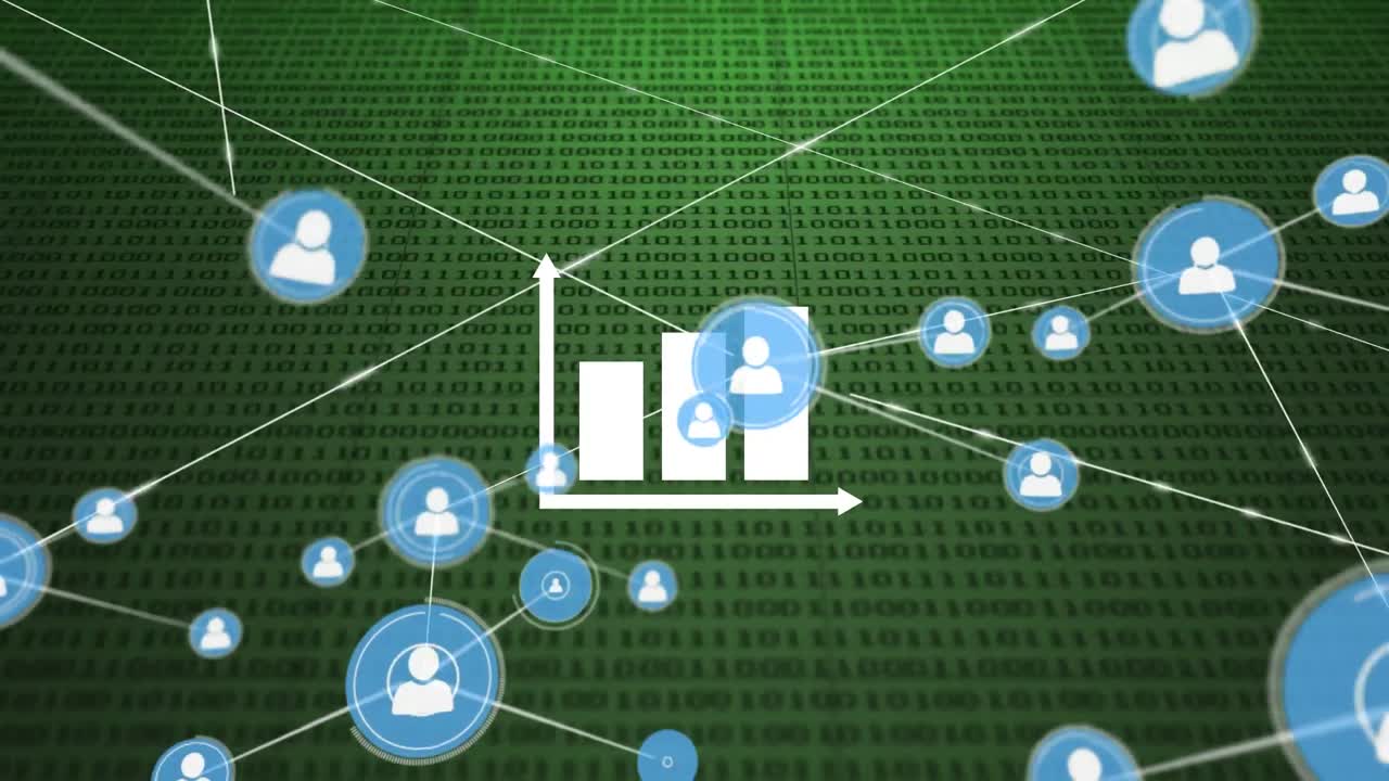 Animation of bar graph, network of digital icons and binary coding against green background