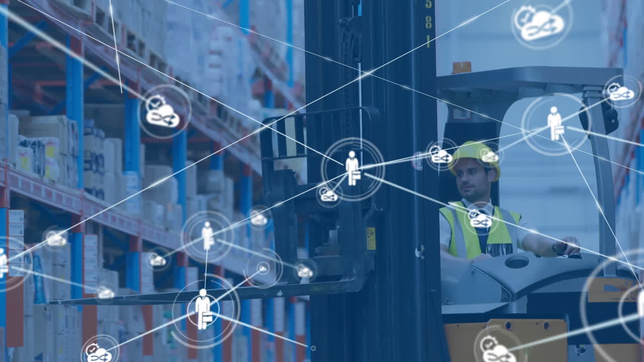 animación de una red de conexiones con iconos sobre un trabajador caucásico en un almacén