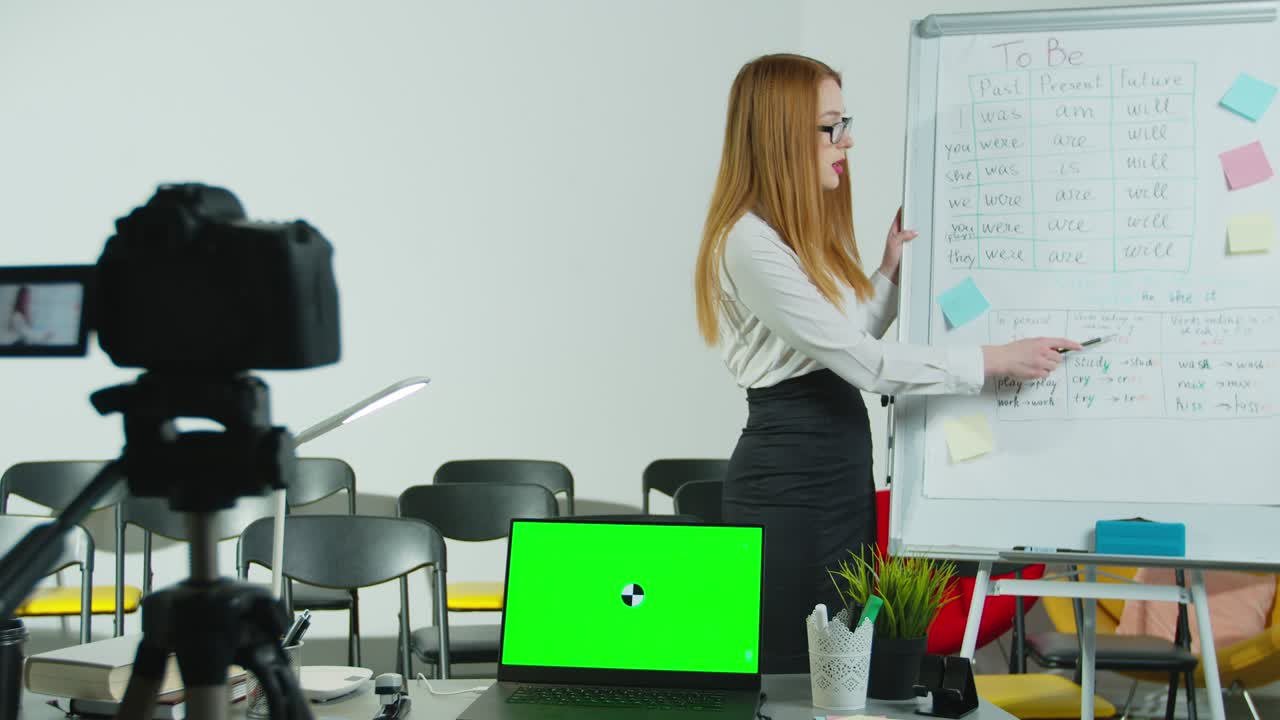 Young female english teacher video conference calling on computer, talk by video camera learn teach in online chat. Remote education, Social distancing, quarantine prevention. Green Screen Chroma Key Laptop for Learning.