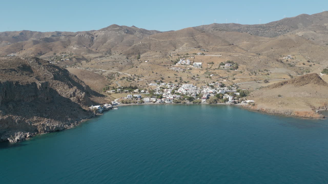 Serene Lentas Bay Southern Coast Of Crete Greece Drone Track Back Wide Angle 4K 60FPS