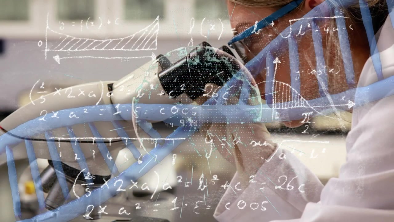 Scientist Using Microscope with DNA and Mathematical Formula Overlay