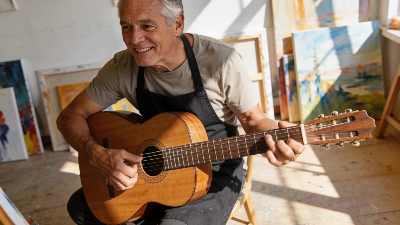 Homem idoso de avental preto tocando e dedilhando acordes em violão de nylon em um estúdio de arte, praticando.