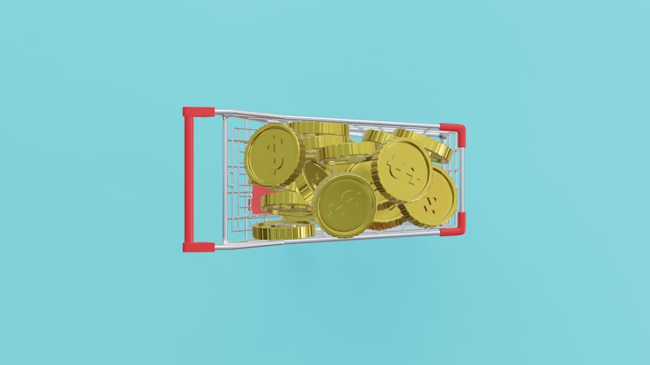 A realistic 3d animation video showing a zoom in shopping cart with a large stack of gold coin stack in concept, sale and discount marketing promotion.