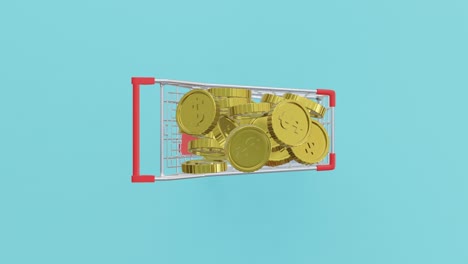 a realistic 3d animation video showing a zoom in shopping cart with a large stack of gold coin stack in concept, sale and discount marketing promotion.