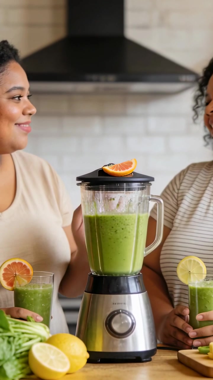 Deux femmes tenant des smoothies verts, posant la main sur le couvercle du mixeur, présentant des boissons aux agrumes pour la santé