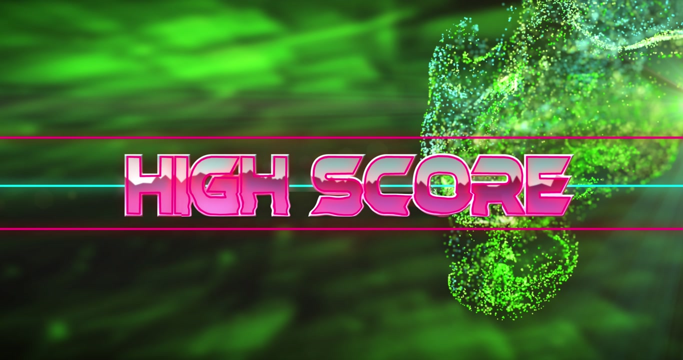 Animation of high score text over glowing neon lines and particles
