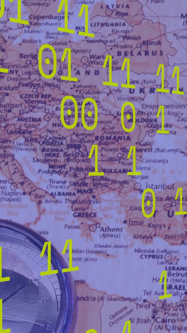 Animazione di codifica binaria ed elaborazione dati su mappa del mondo