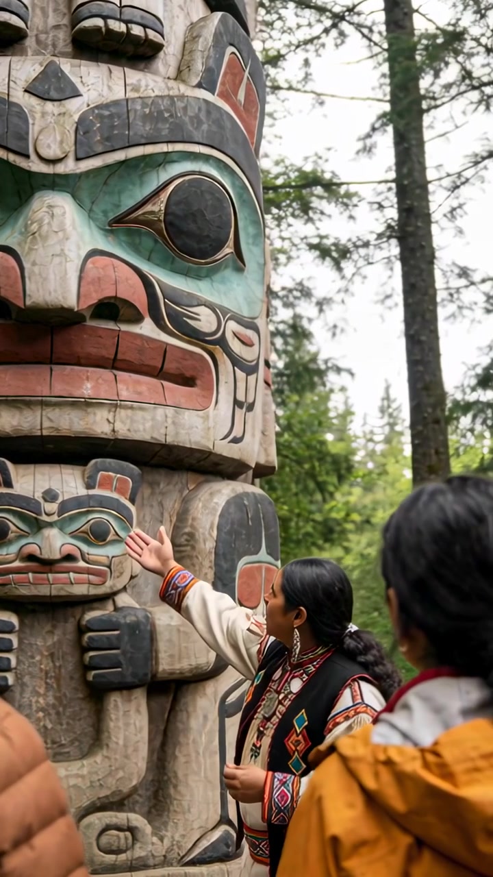 Guida femminile che alza il braccio, indicando intagli di totem e toccando la figura inferiore, istruendo i visitatori
