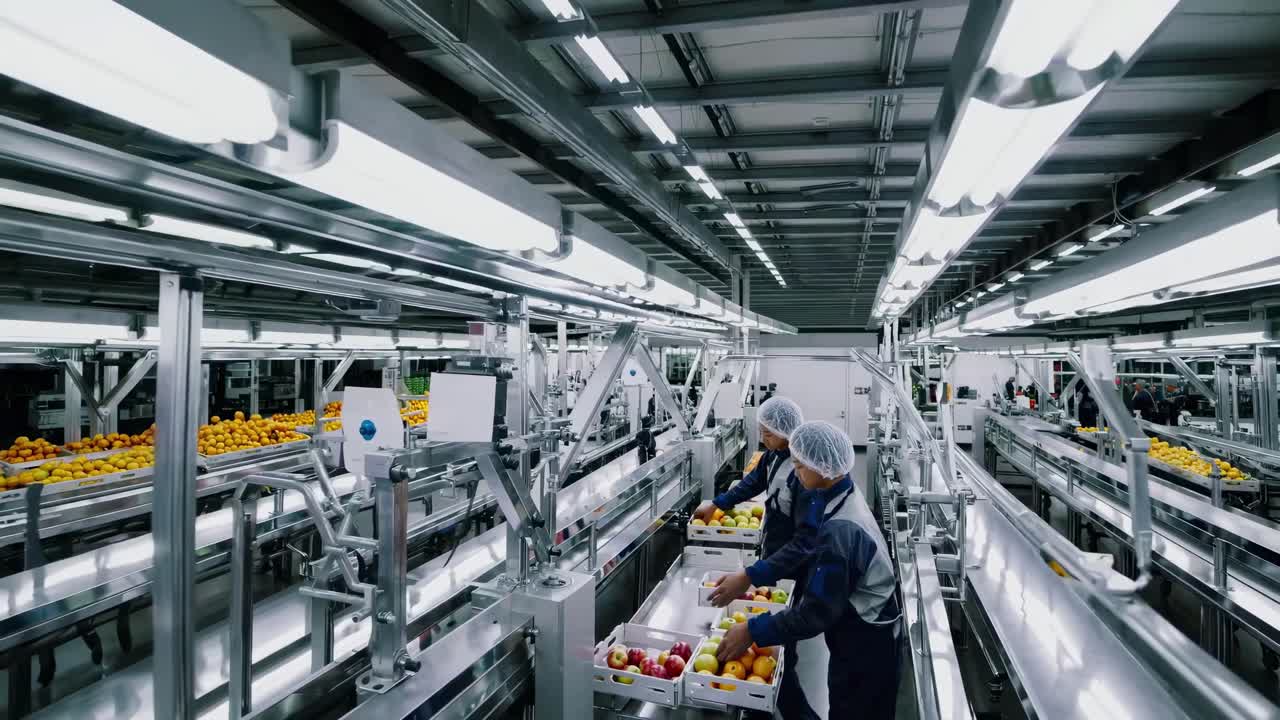 High-angle video of workers in a modern fruit processing facility, showcasing sleek, industrial