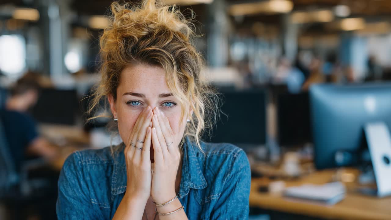 A Young Woman in an Office Setting Feels Overwhelmed and Stressed, Covering Her Face with Her Hands Amidst a Busy Work Environment