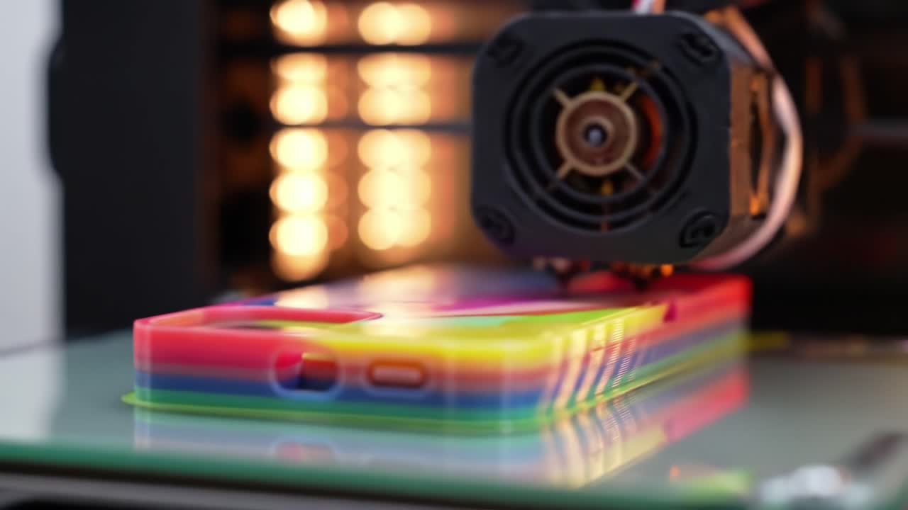 Vibrant 3D Printing Process Captured in Action: Multi-Colored Phone Case Creation with Cutting-Edge Technology