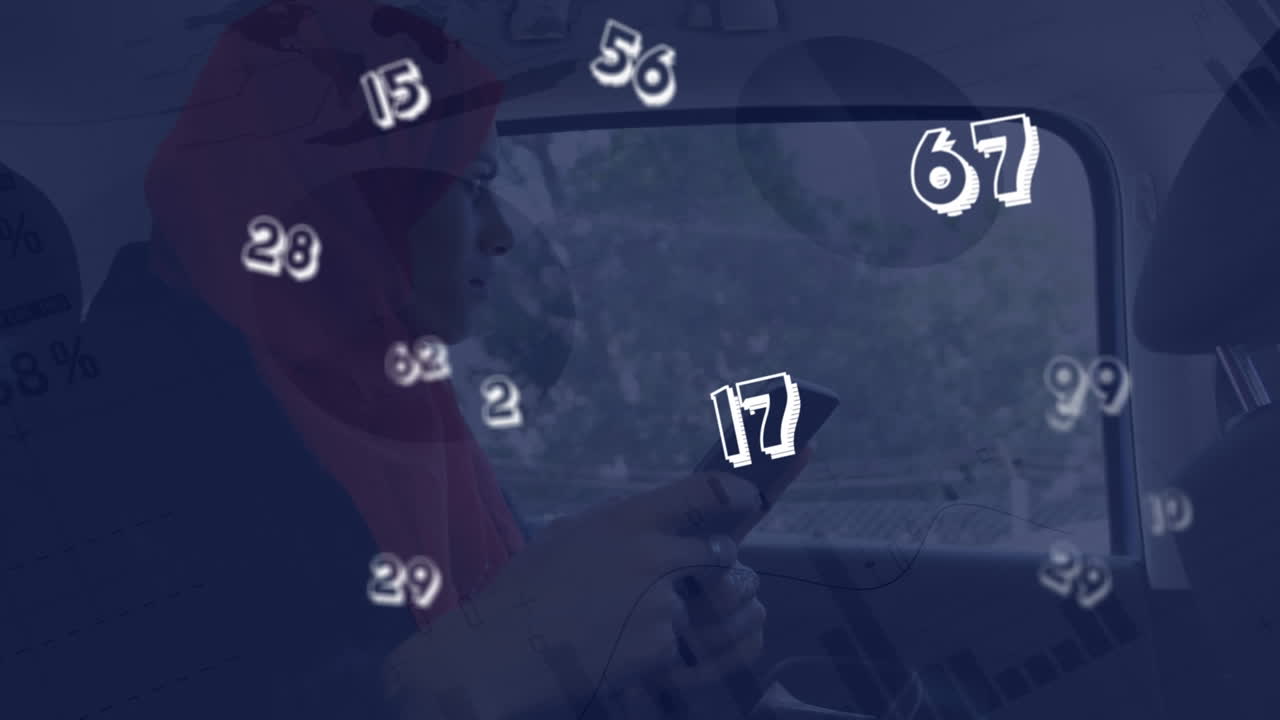 Animation of numbers and statistical data processing over woman in hijab using smartphone in the car