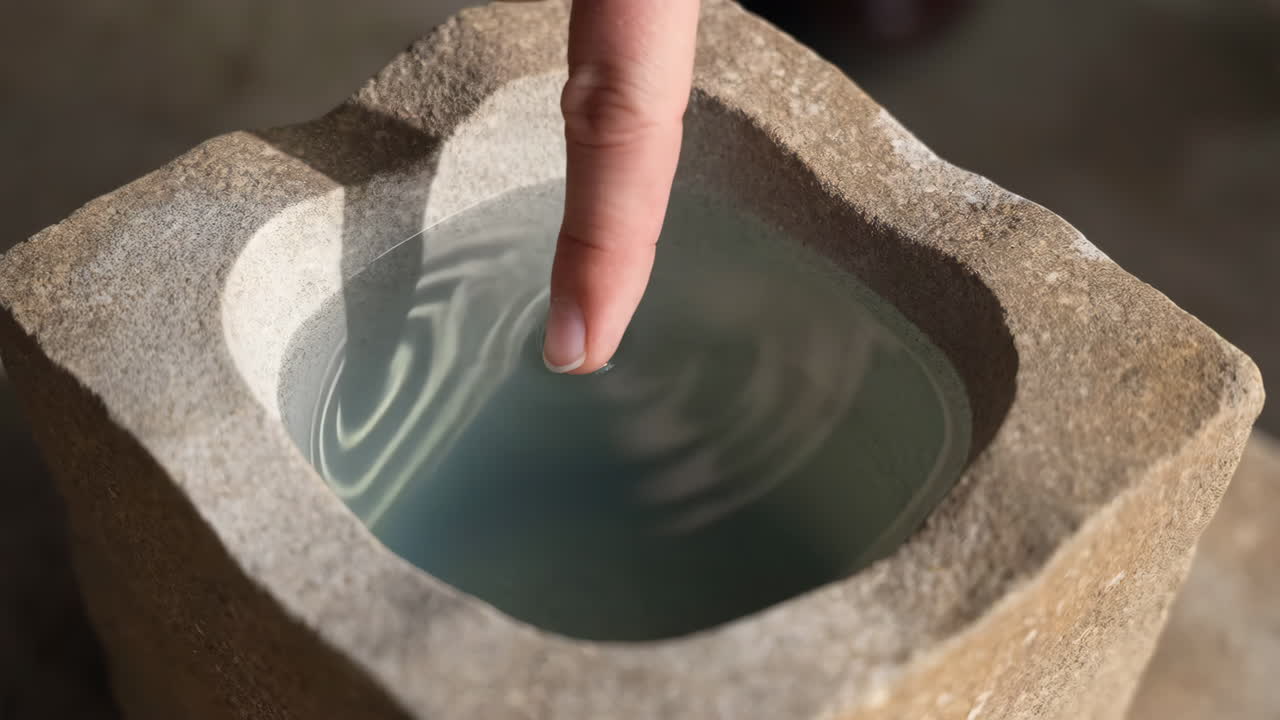 Finger gently touches water in a stone basin, creating ripples