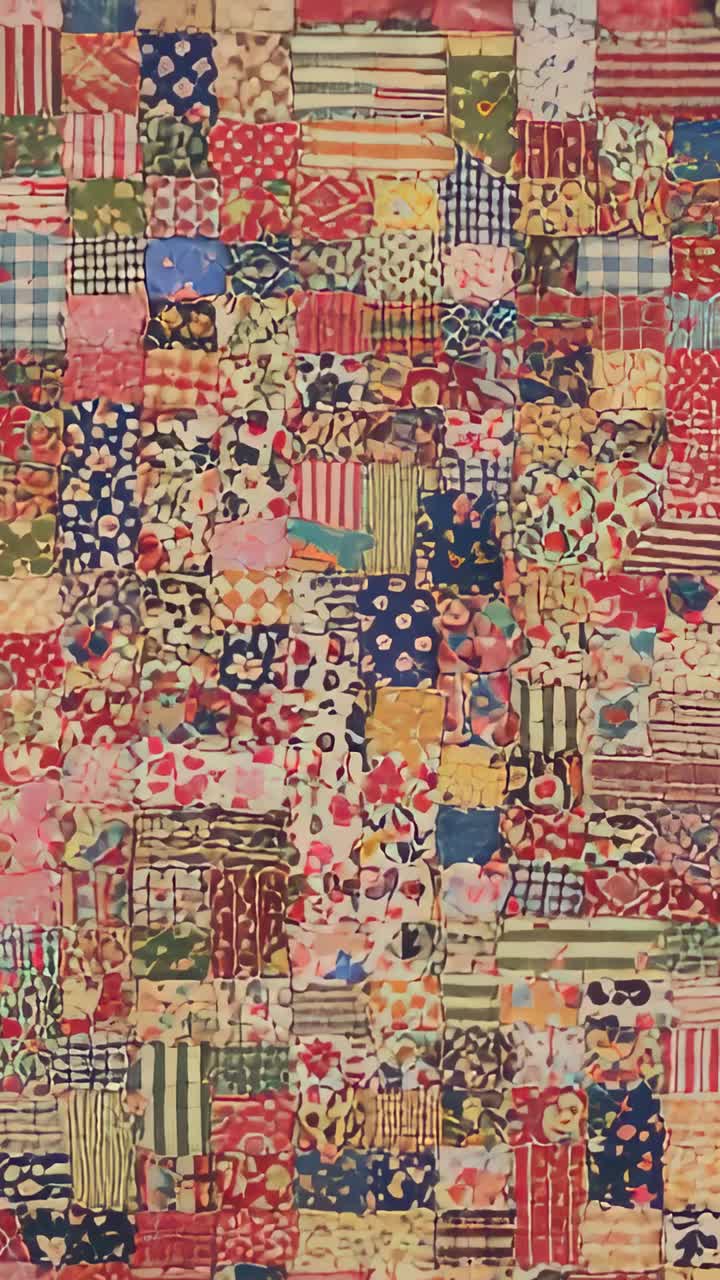 Vertical video: Starting handheld sweep, camera showing patchwork quilt in room, revealing seams