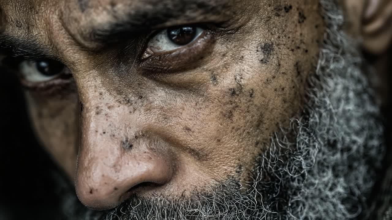 Ritratto intenso e ravvicinato di un uomo segnato dal tempo, dall'aspetto rude e occhi profondi ed espressivi, che evidenzia la storia di resilienza ed esperienza attraverso dettagliate caratteristiche facciali