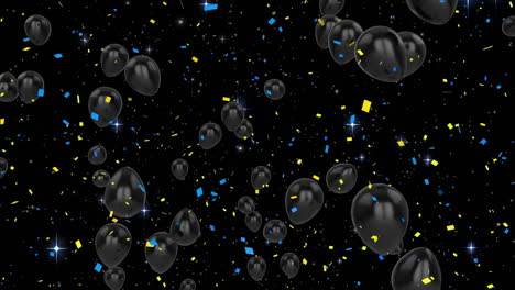 animation of confetti falling and black balloons flying on black background