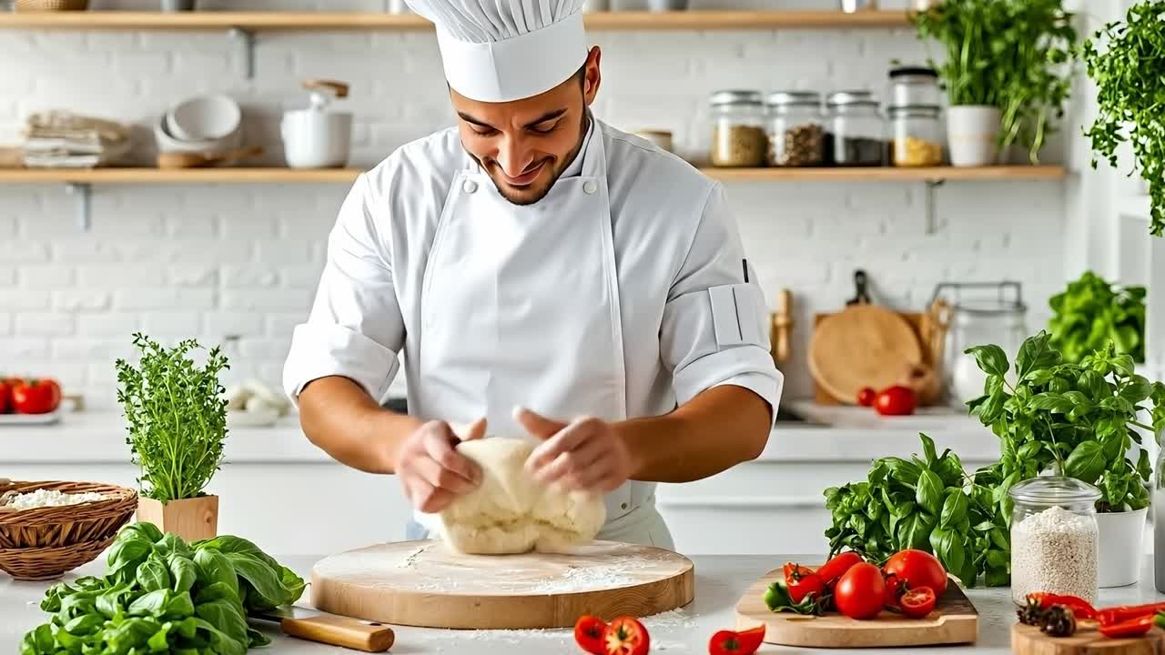 A man in a chef's hat kneading dough on a cutting board in a kitchen