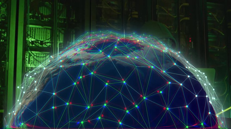 Animation of digital data processing with globe over computer servers