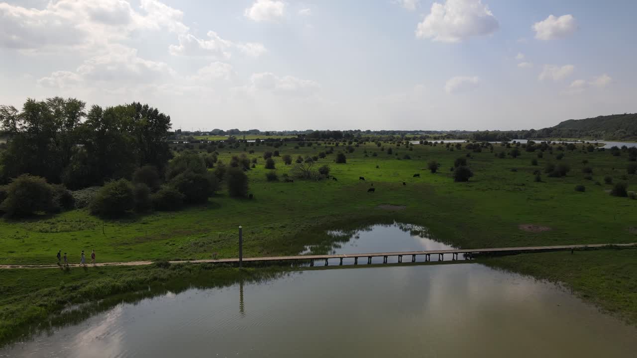 grupo de excursionistas caminando a través de un paisaje de pantano verde y exuberante en rhenen
