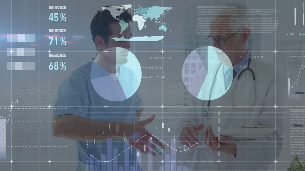 Doctor and junior staff member examining stethoscope data in clinic displaying world map and charts