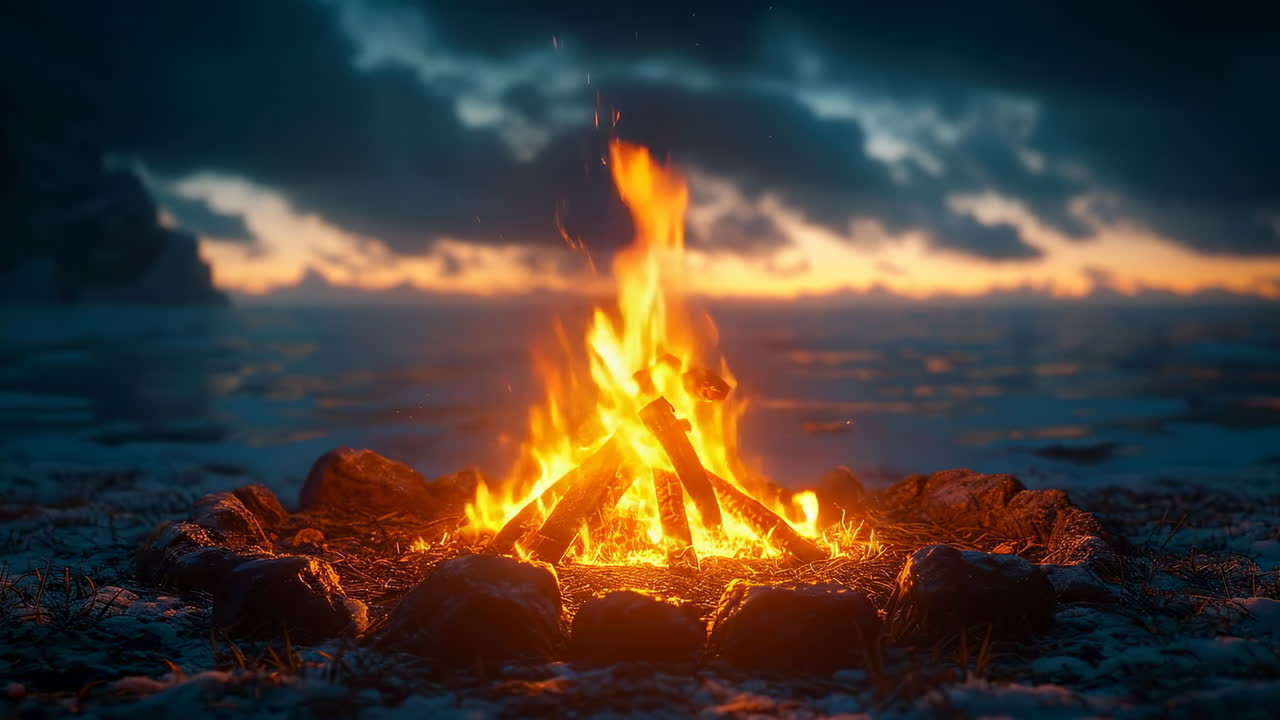 Campfire at sunset by the lake shore. Bright flames dance above a stone circle as the sun sets over a calm lake, creating a peaceful evening scene