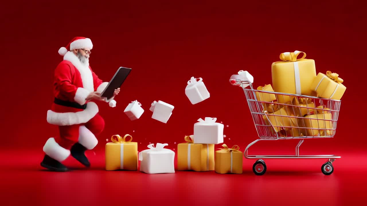 Jolly Santa Claus joyfully rushes through a festive holiday scene, managing an online shopping spree while delivering gifts and excitement during the most wonderful time of the year
