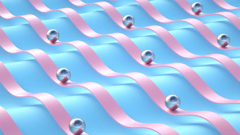 una animación de renderización 3d en bucle de bolas deslizantes, colores metálicos, rosados y azules