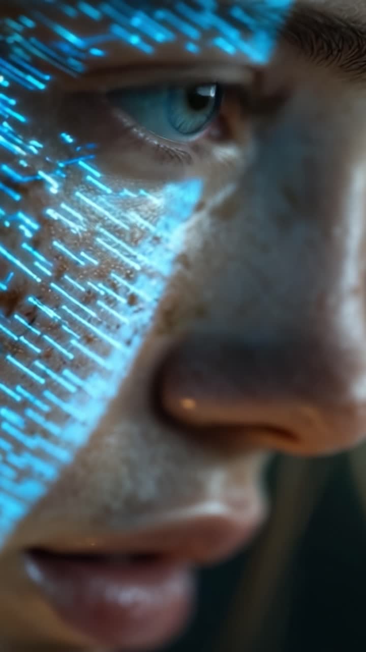 Ritratto Ravvicinato di una Persona Giovane con Abbaglianti Motivi Facciali Blu e Occhi Azzurri Brillanti Catturati con Dettagli Vividi, che Riflette Emozione e Intrigo