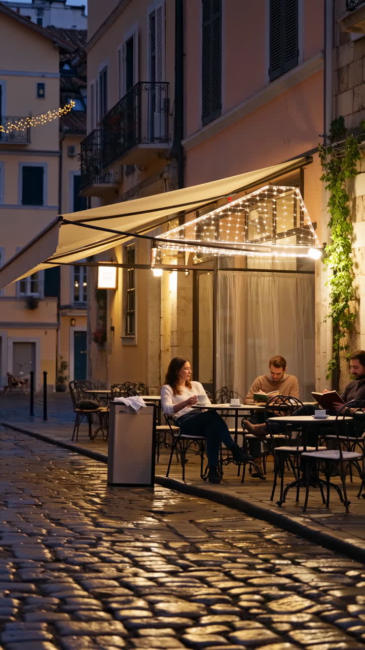 Scena serale in un accogliente caffè all'aperto con luci a catena