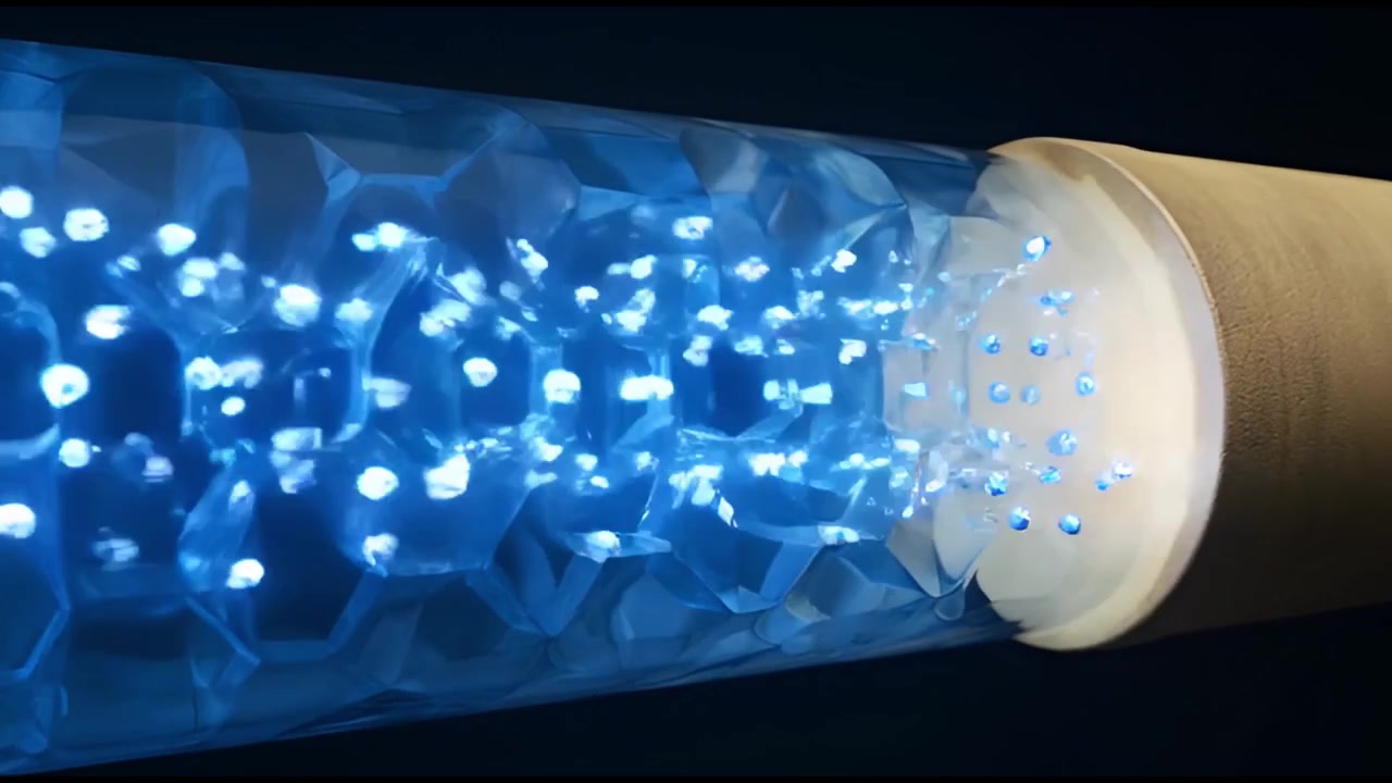 Blue Glowing Particles Flowing Through a Hexagonal Filter Tube