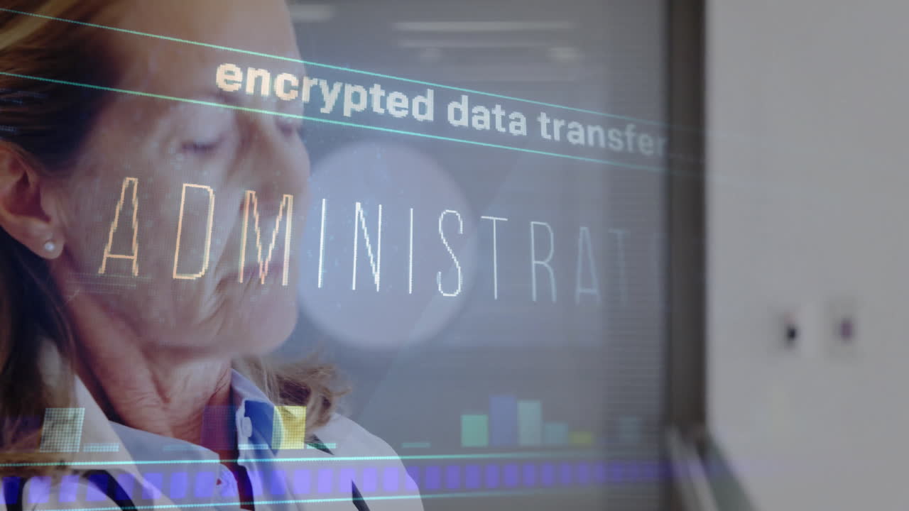 Encrypted data transfer animation over woman in lab coat in laboratory