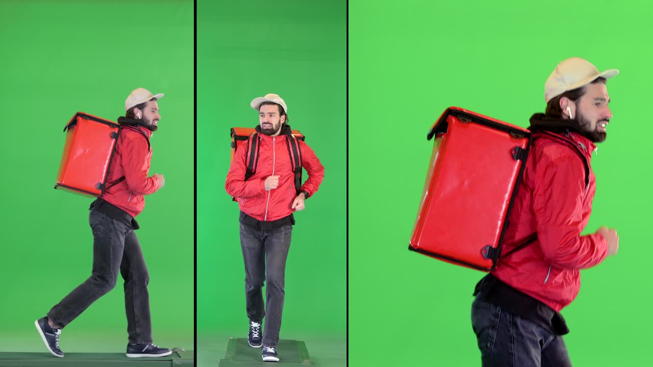 Delivery man with thermal backpack running on a Green Screen, Chroma Key