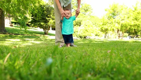 Mutter-Hilft-Ihrem-Kleinen-Sohn,-Auf-Dem-Gras-Zu-Laufen