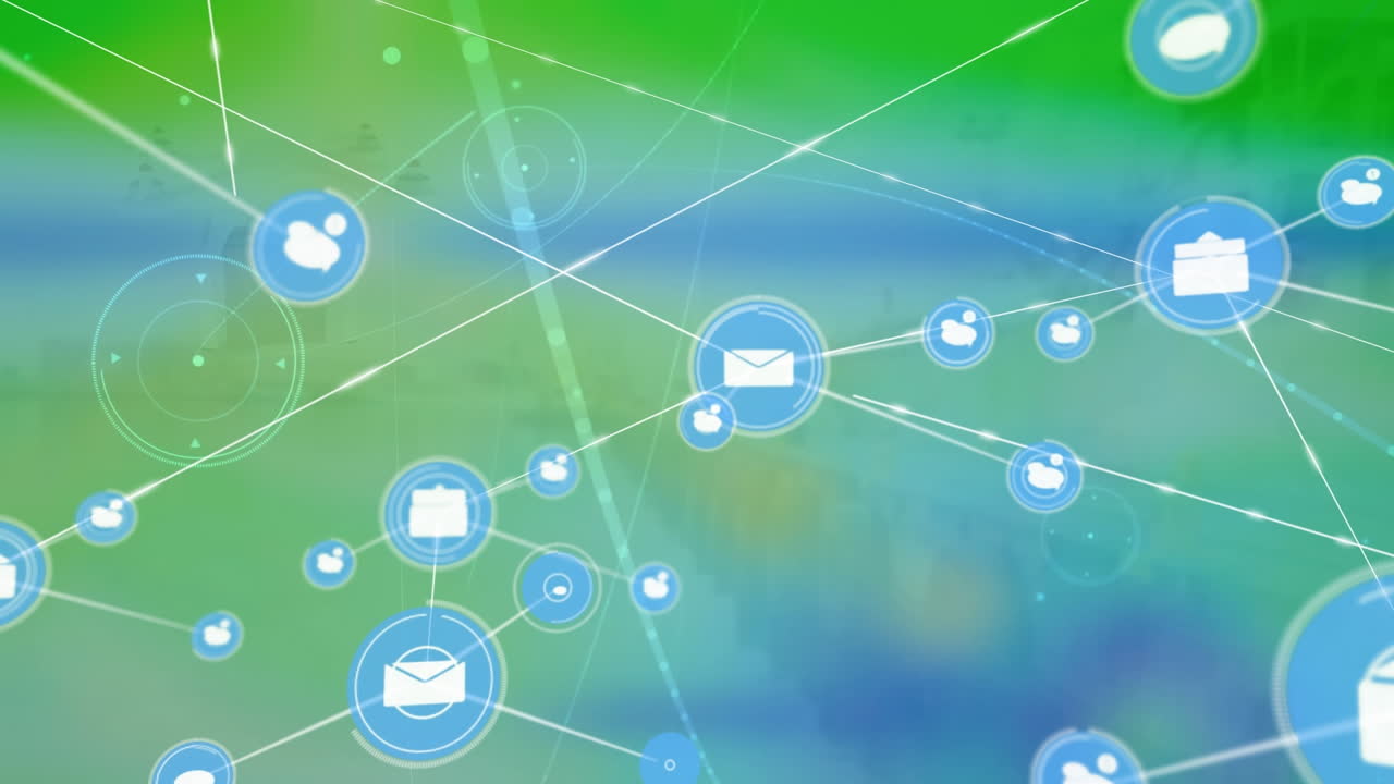 Animation of mail and speech bubble icon interconnecting with lines on abstract background