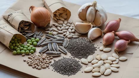 a beautiful array of seeds, bulbs, and fresh garlic showcasing nature's bounty and diversity in a rustic presentation on brown paper