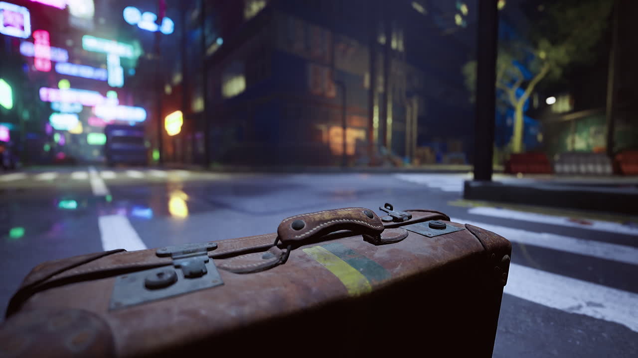 Vintage suitcase on a rainy street in a neon lit city at night