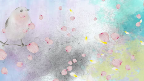 animation of spring scenery with floating pink flower petals and birds