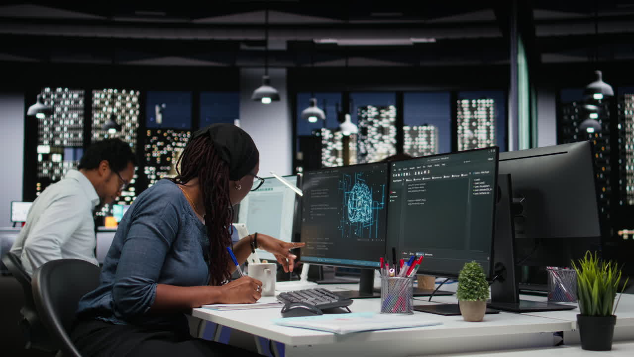 African American Woman Programmer Working on Multiple Computer Screens at Night
