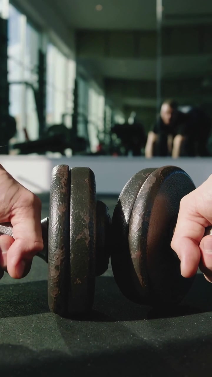 Vertical video: Entering hands gripping dumbbell on gym, preparing to lift, man in dark top bracing