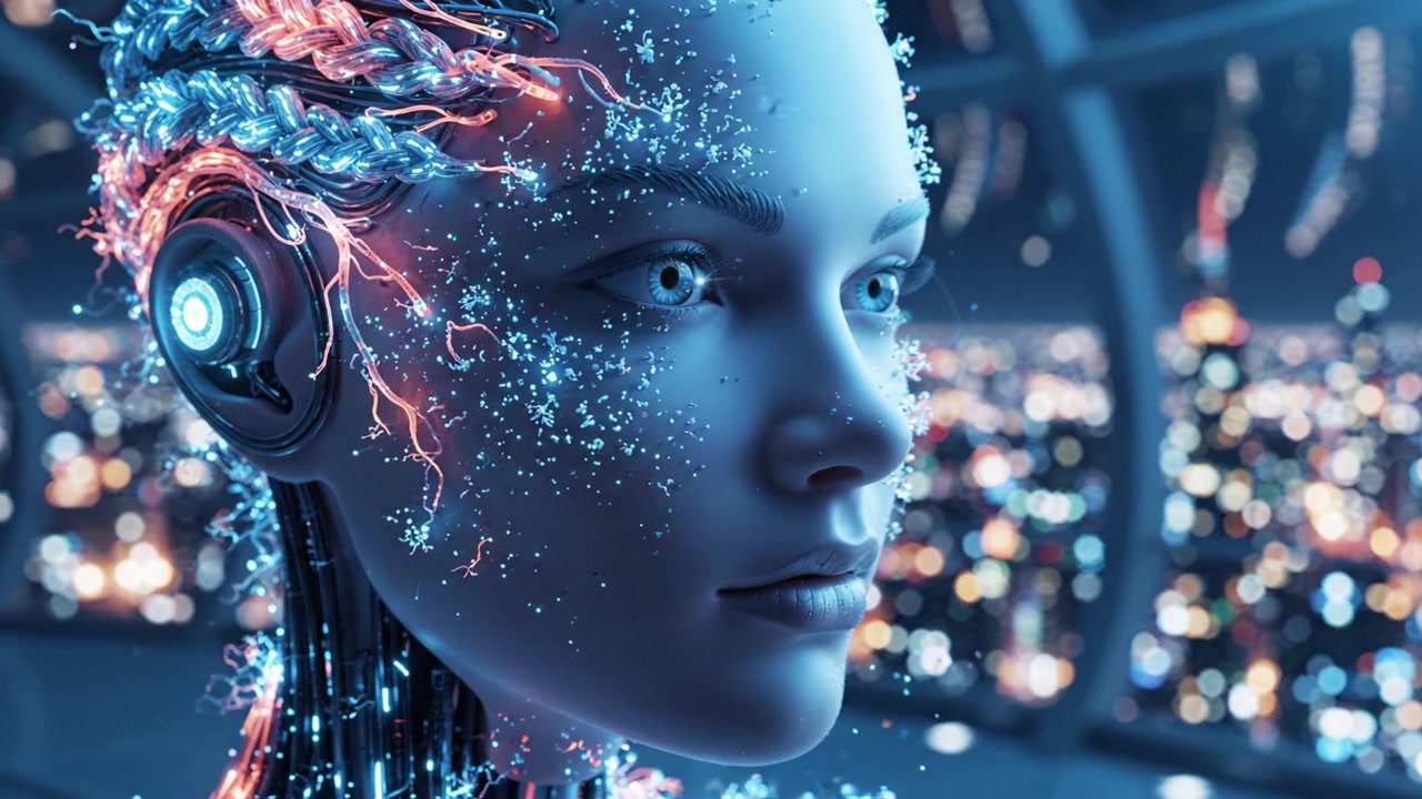 Entità cibernetica futuristica nello skyline urbano di notte: un ritratto affascinante di un personaggio ad alta tecnologia con caratteristiche illuminate e colori vividi.