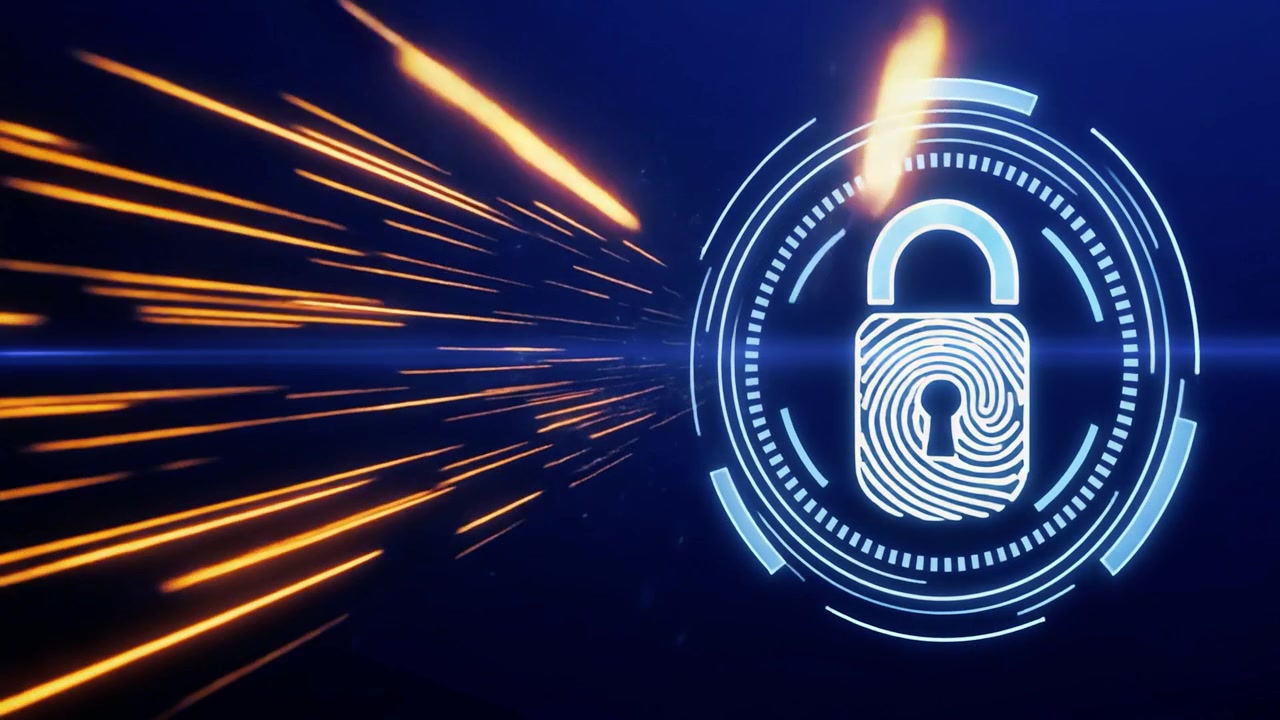 Digital Security Concept with Glowing Padlock and Fingerprint Icon