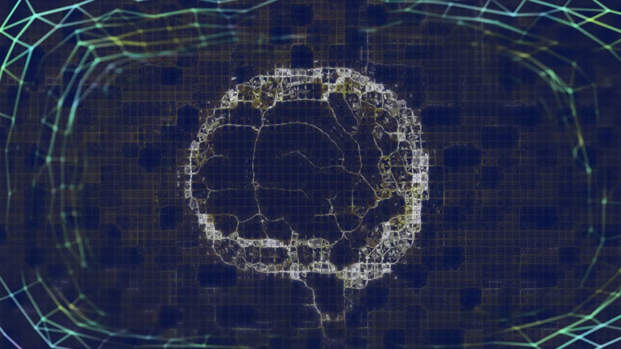 Animation of digital brain and shapes over network of connections on black background